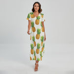 White Pineapple Pattern Print Short Sleeve Maxi Dress