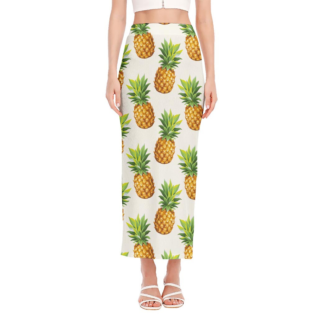 White Pineapple Pattern Print Side Slit Maxi Skirt