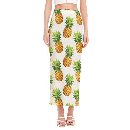White Pineapple Pattern Print Side Slit Maxi Skirt