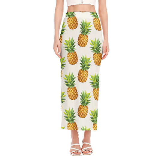 White Pineapple Pattern Print Side Slit Maxi Skirt