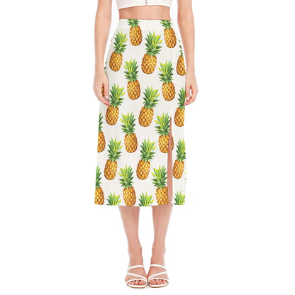 White Pineapple Pattern Print Side Slit Midi Skirt