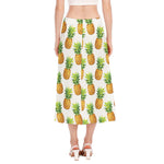 White Pineapple Pattern Print Side Slit Midi Skirt