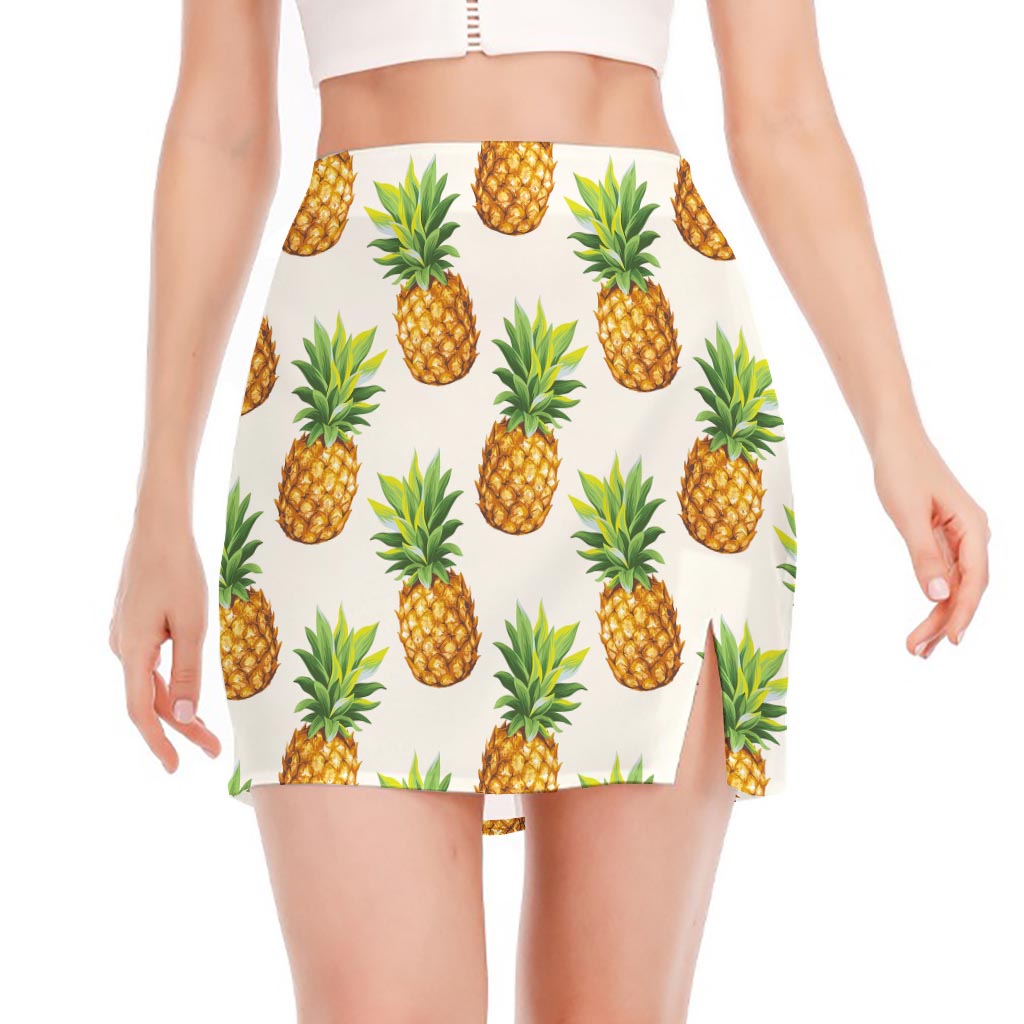 White Pineapple Pattern Print Side Slit Mini Skirt