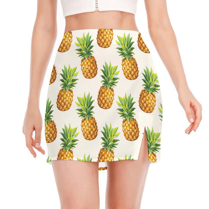 White Pineapple Pattern Print Side Slit Mini Skirt