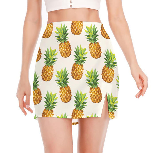 White Pineapple Pattern Print Side Slit Mini Skirt