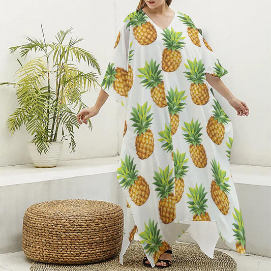 White Pineapple Pattern Print Silk V-Neck Kaftan Dress