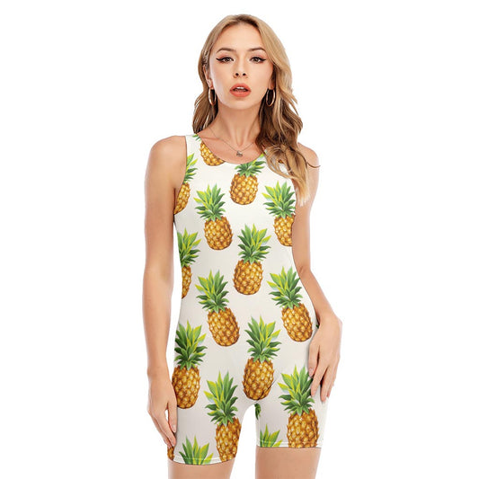 White Pineapple Pattern Print Sleeveless One Piece Swimsuit