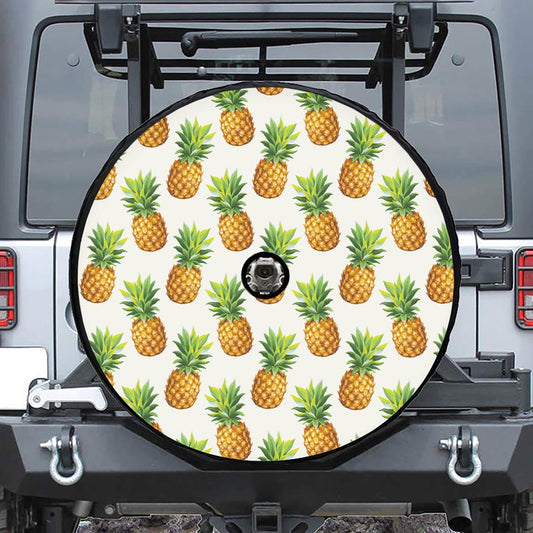 White Pineapple Pattern Print Tire Cover With Camera Hole