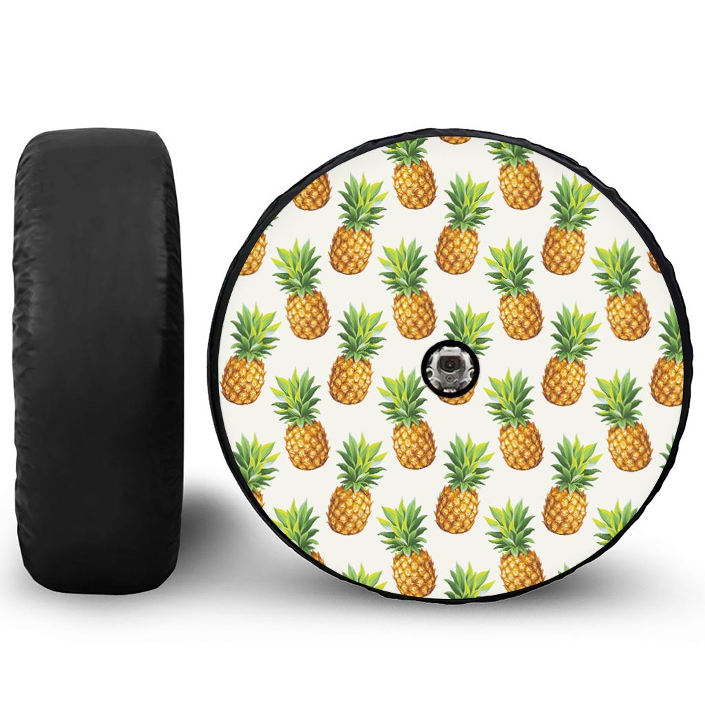 White Pineapple Pattern Print Tire Cover With Camera Hole