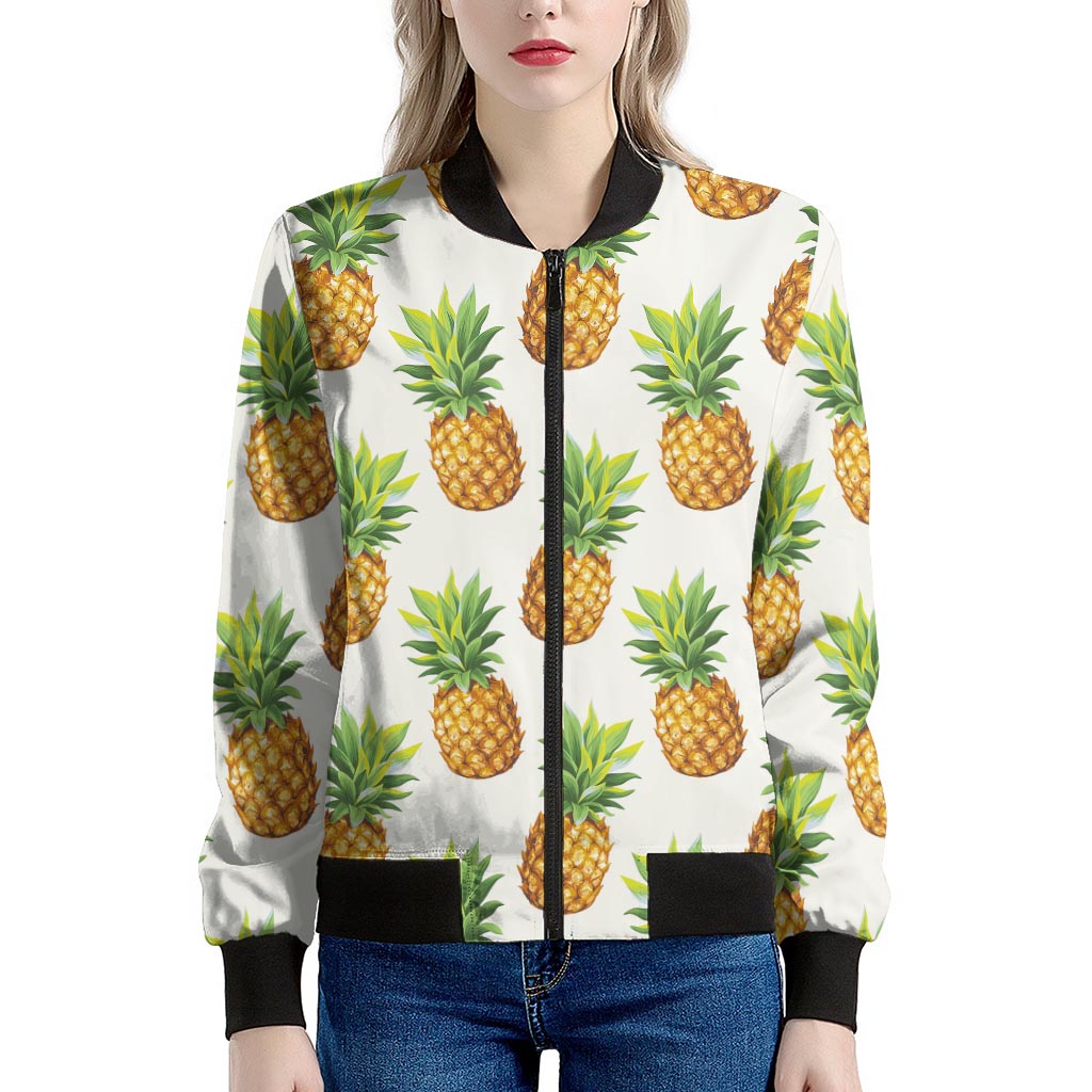 White Pineapple Pattern Print Women's Bomber Jacket