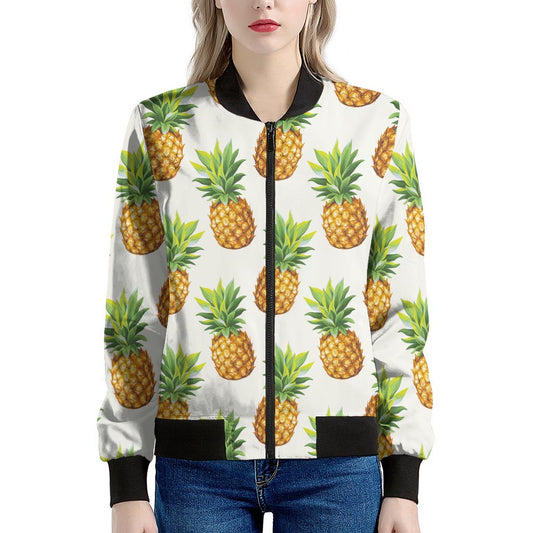 White Pineapple Pattern Print Women's Bomber Jacket