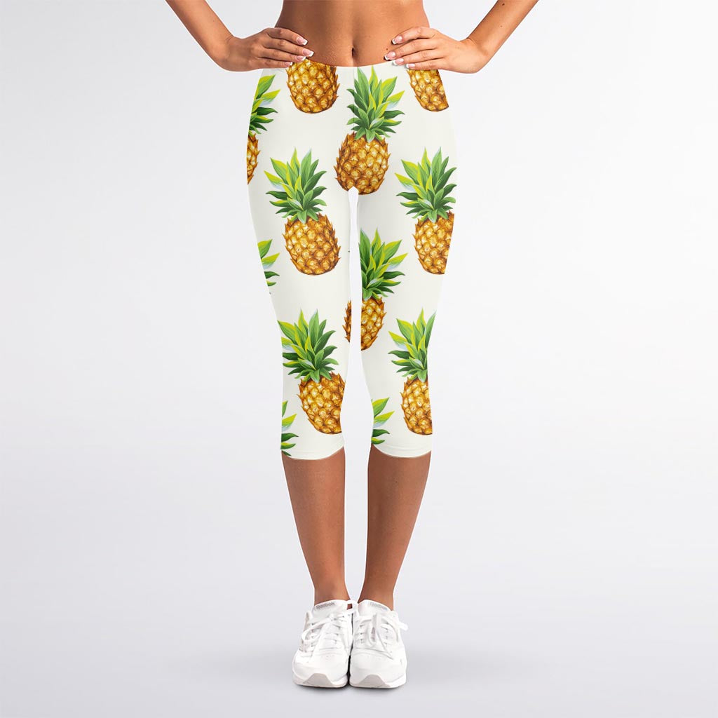 White Pineapple Pattern Print Women's Capri Leggings