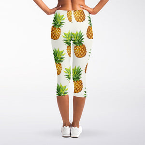 White Pineapple Pattern Print Women's Capri Leggings