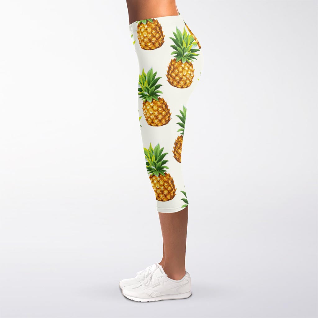 White Pineapple Pattern Print Women's Capri Leggings