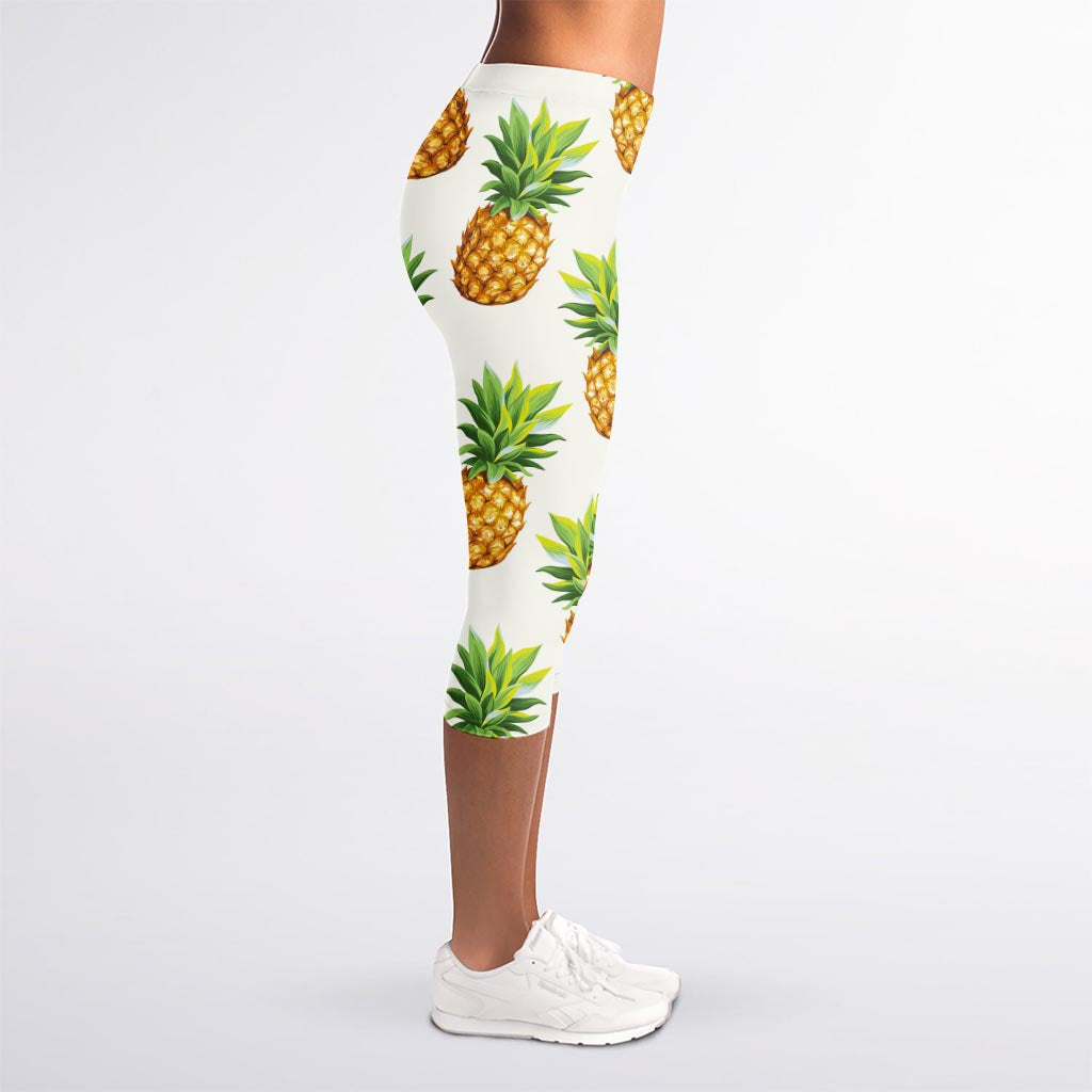 White Pineapple Pattern Print Women's Capri Leggings