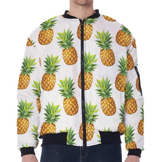 White Pineapple Pattern Print Zip Sleeve Bomber Jacket
