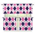 White Pink And Blue Argyle Pattern Print 3 Piece Kitchen Curtains