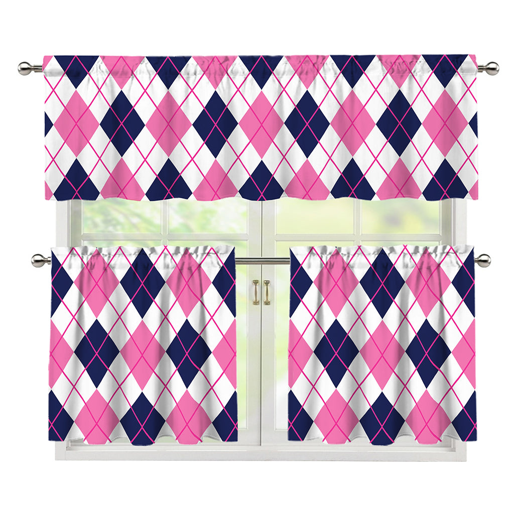 White Pink And Blue Argyle Pattern Print 3 Piece Kitchen Curtains