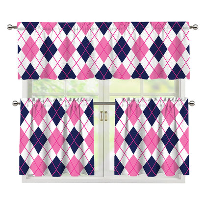White Pink And Blue Argyle Pattern Print 3 Piece Kitchen Curtains