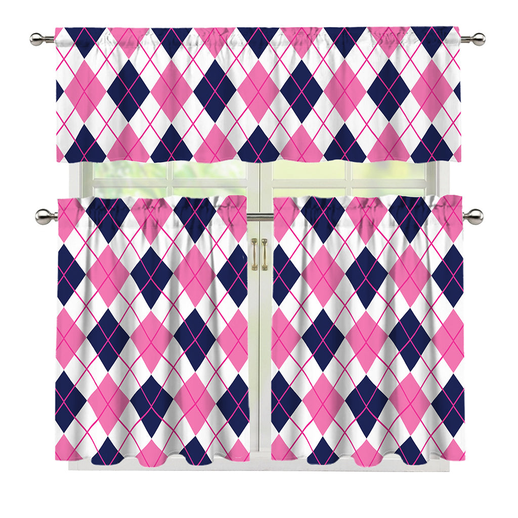White Pink And Blue Argyle Pattern Print 3 Piece Kitchen Curtains