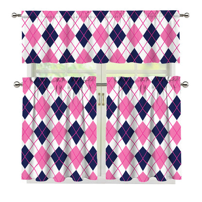 White Pink And Blue Argyle Pattern Print 3 Piece Kitchen Curtains