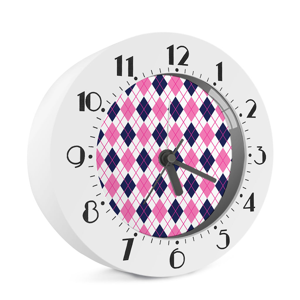 White Pink And Blue Argyle Pattern Print Alarm Clock