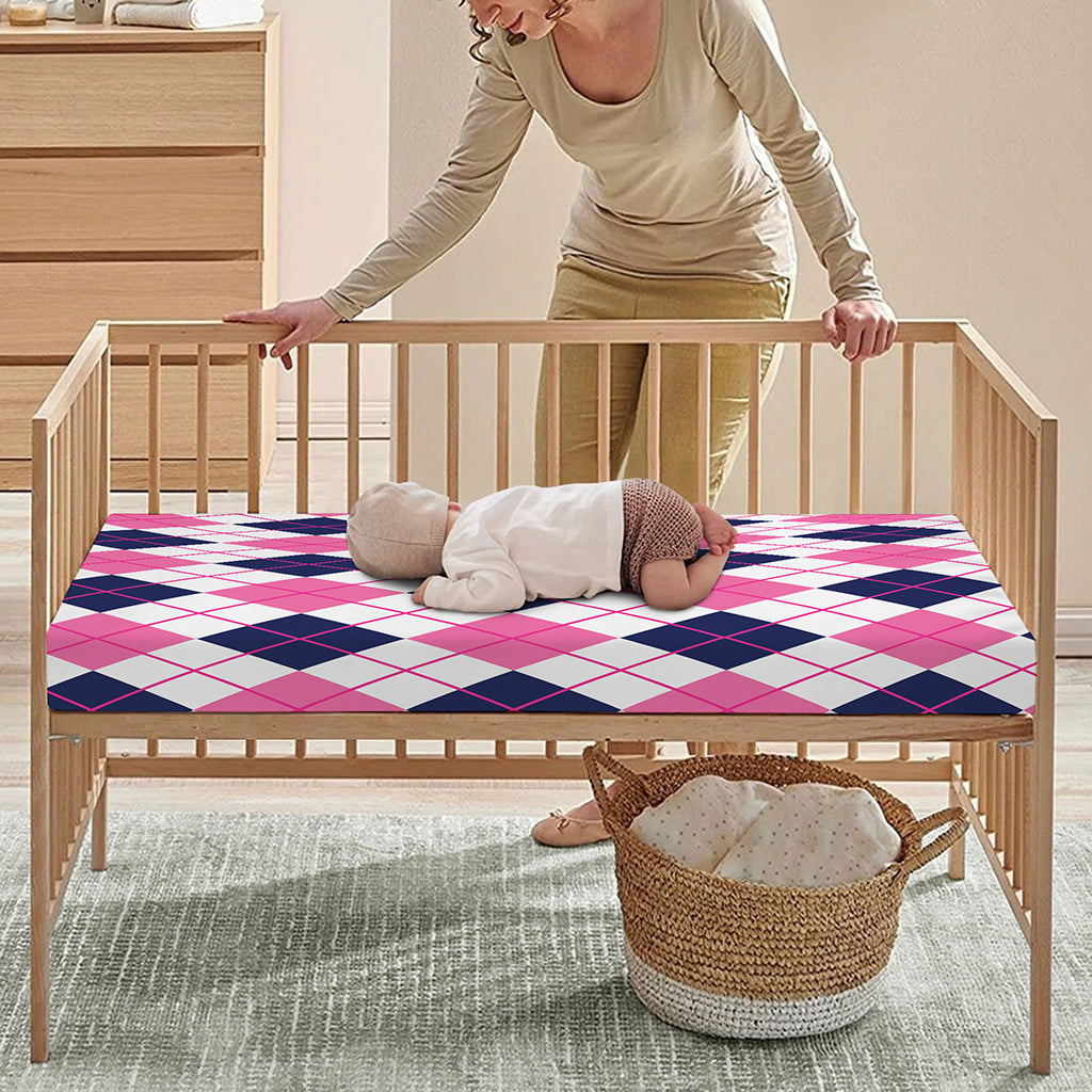 White Pink And Blue Argyle Pattern Print Baby Crib Sheet