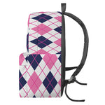 White Pink And Blue Argyle Pattern Print Backpack