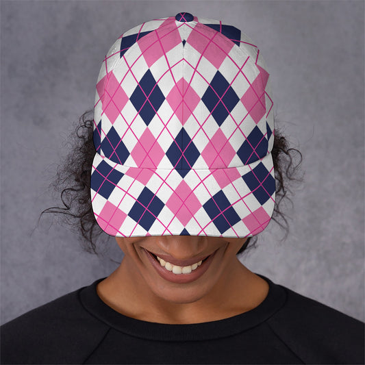 White Pink And Blue Argyle Pattern Print Baseball Cap