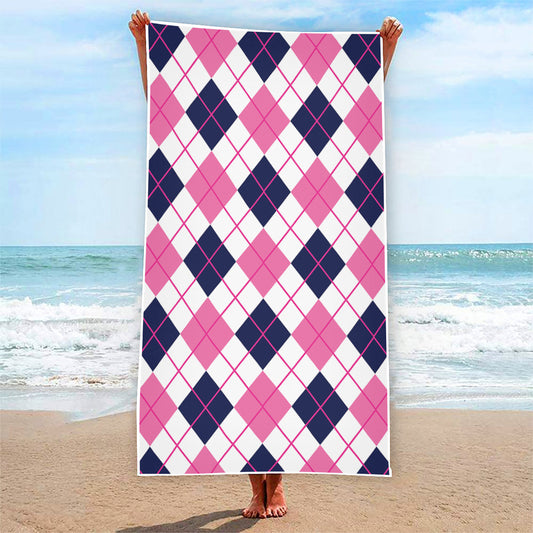 White Pink And Blue Argyle Pattern Print Beach Towel