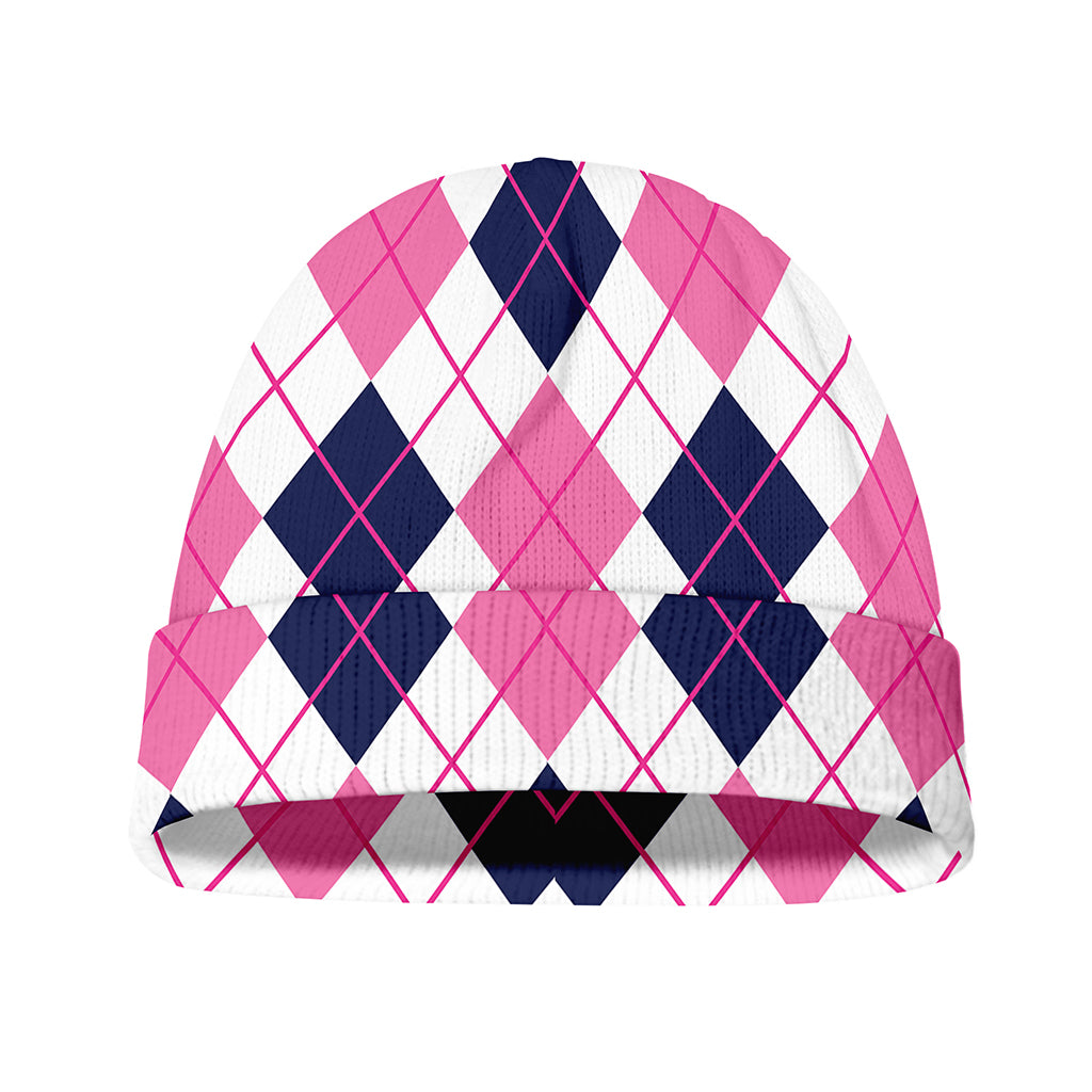 White Pink And Blue Argyle Pattern Print Beanie