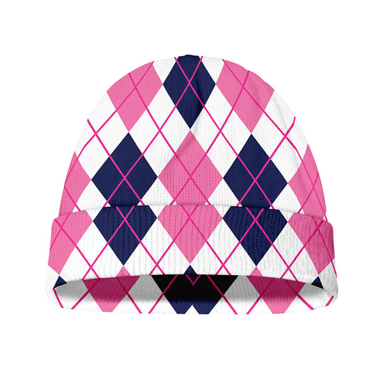 White Pink And Blue Argyle Pattern Print Beanie