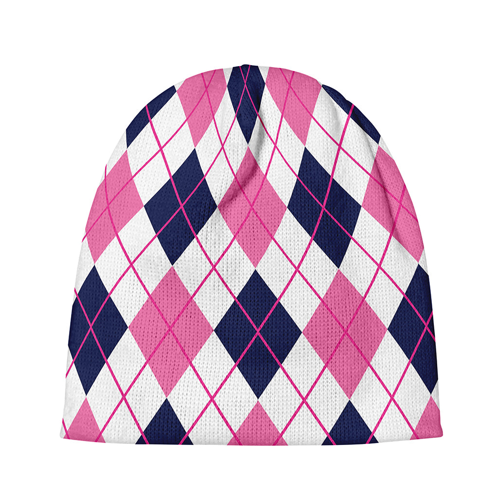 White Pink And Blue Argyle Pattern Print Beanie