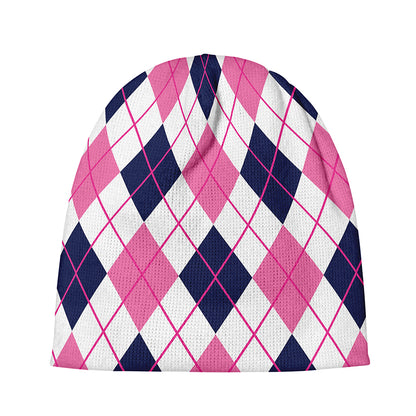 White Pink And Blue Argyle Pattern Print Beanie