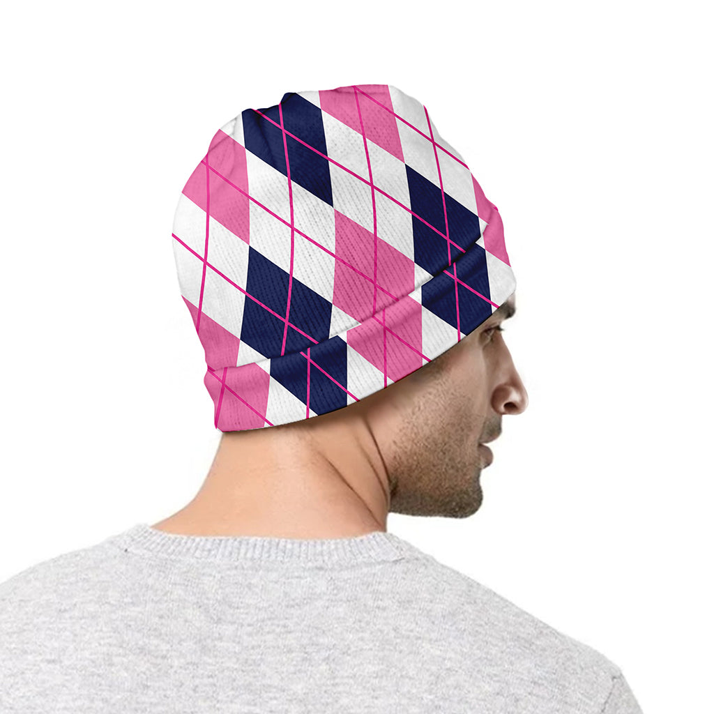 White Pink And Blue Argyle Pattern Print Beanie