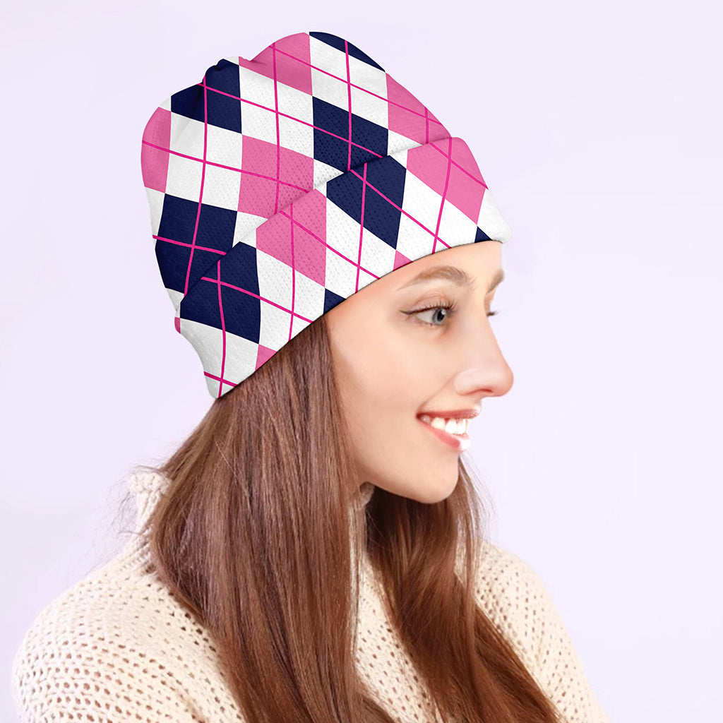 White Pink And Blue Argyle Pattern Print Beanie