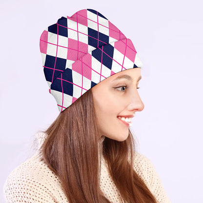 White Pink And Blue Argyle Pattern Print Beanie