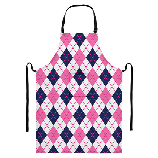White Pink And Blue Argyle Pattern Print Bib Apron With Pocket