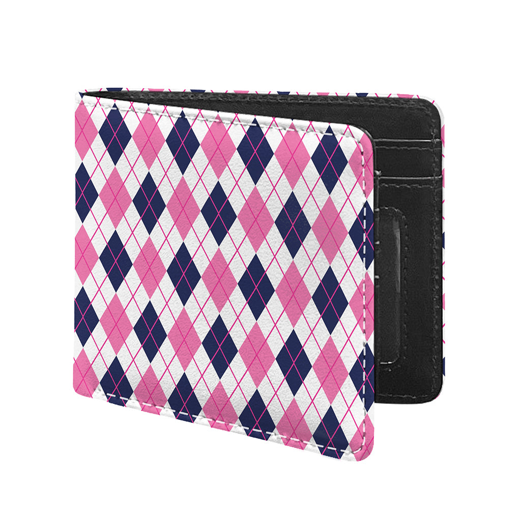 White Pink And Blue Argyle Pattern Print Bifold Wallet