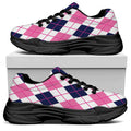 White Pink And Blue Argyle Pattern Print Black Chunky Shoes