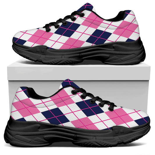 White Pink And Blue Argyle Pattern Print Black Chunky Shoes