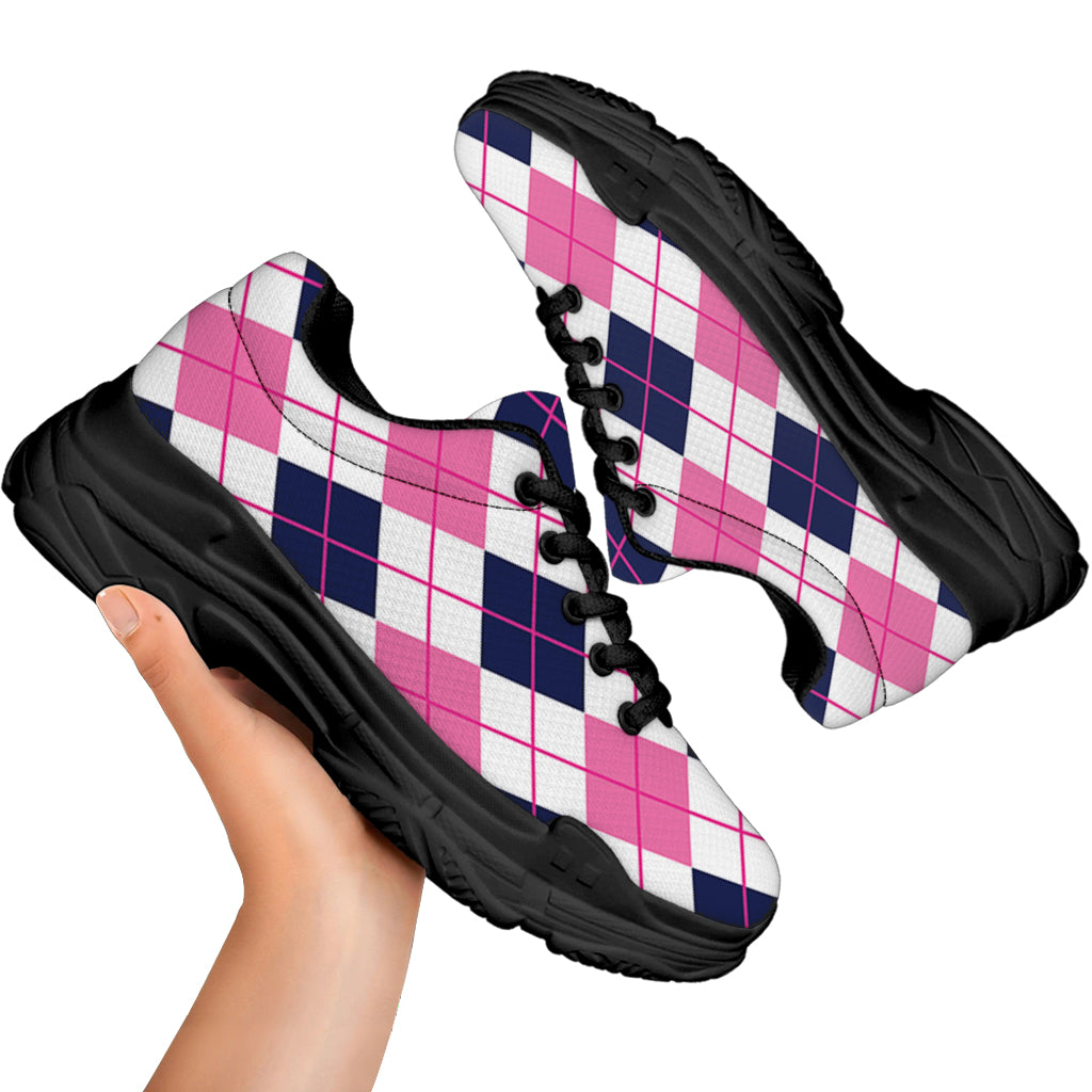 White Pink And Blue Argyle Pattern Print Black Chunky Shoes