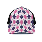 White Pink And Blue Argyle Pattern Print Black Mesh Trucker Cap