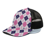 White Pink And Blue Argyle Pattern Print Black Mesh Trucker Cap