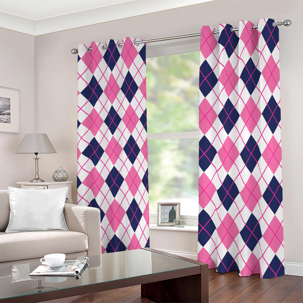 White Pink And Blue Argyle Pattern Print Blackout Grommet Curtains