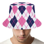 White Pink And Blue Argyle Pattern Print Bucket Hat