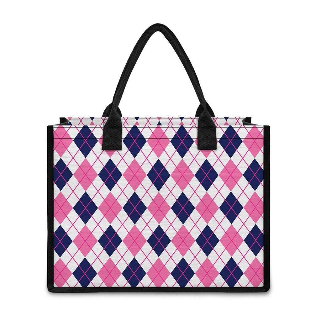 White Pink And Blue Argyle Pattern Print Canvas Tote Bag