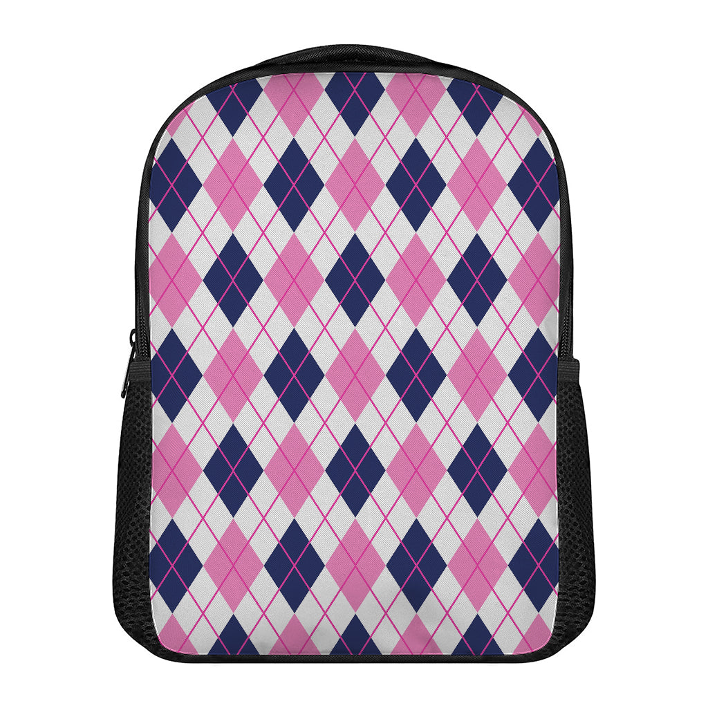 White Pink And Blue Argyle Pattern Print Casual Backpack