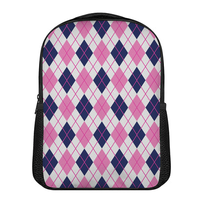 White Pink And Blue Argyle Pattern Print Casual Backpack