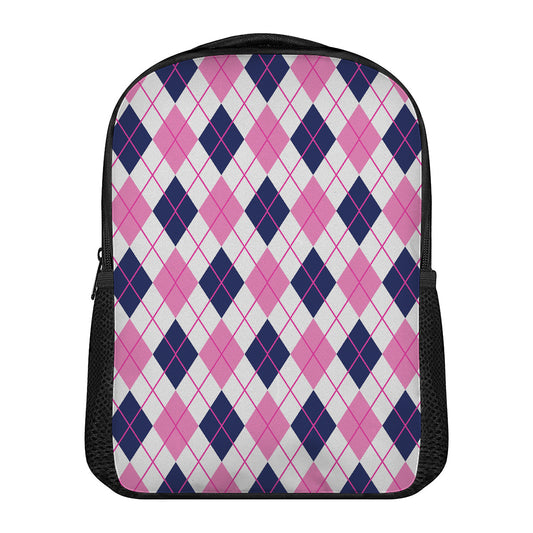 White Pink And Blue Argyle Pattern Print Casual Backpack